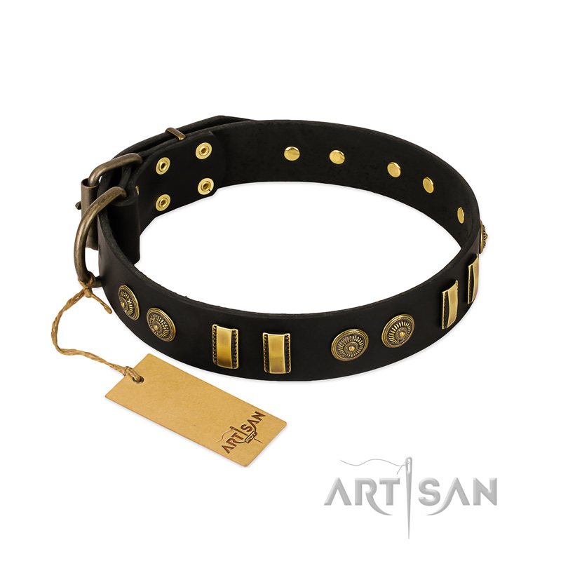 "Simple Elegance" FDT Artisan Black Leather Bullmastiff Collar with Old Bronze-like Plates and Circles