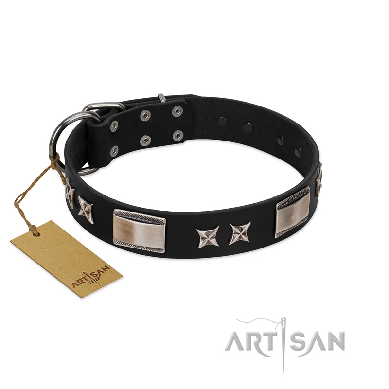 "Pitch Dark" FDT Artisan Black Leather Bullmastiff Collar with Stars and Plates
