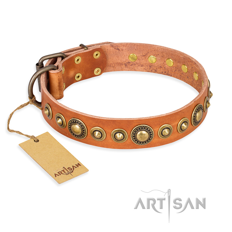 "Feast of Luxury" FDT Artisan Tan Leather Bullmastiff Collar with Old Bronze Look Circles