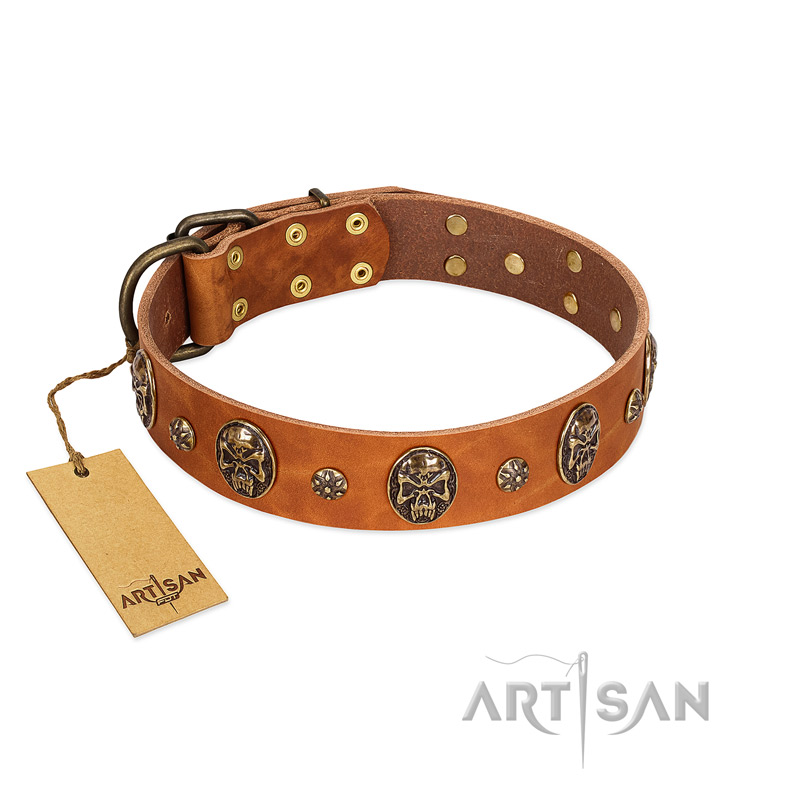 "Rockstar" FDT Artisan Tan Leather Bullmastiff Collar with Engraved Studs and Medallions