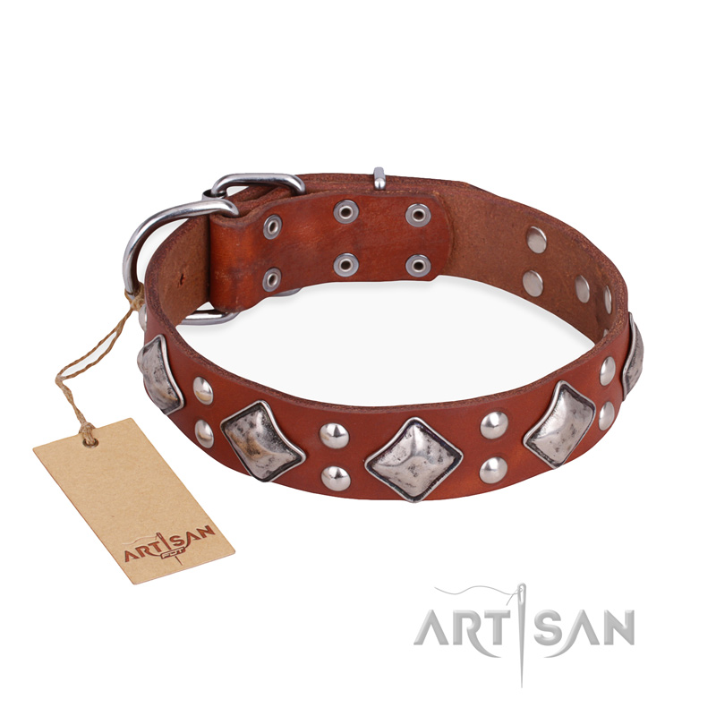 "Magic Squares" FDT Artisan Tan Leather Bullmastiff Collar with Silver-like Decor