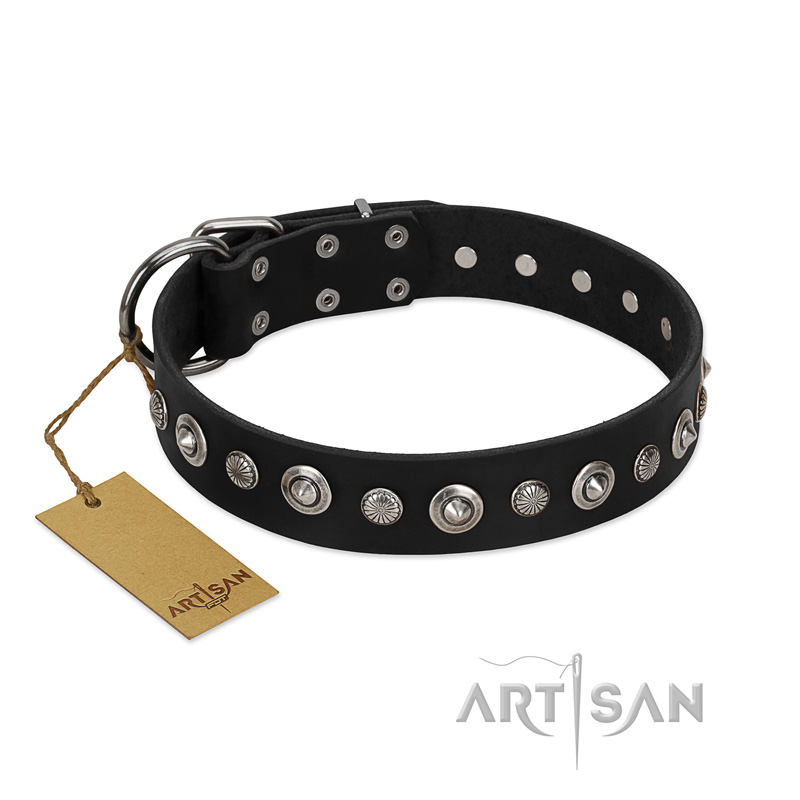 "Genteel Charm" FDT Artisan Black Leather Bullmastiff Collar with Silver-like Round Conchos