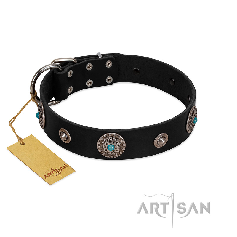"Blue Gems" FDT Artisan Black Leather Bullmastiff Collar with Chrome Plated Studs and Conchos
