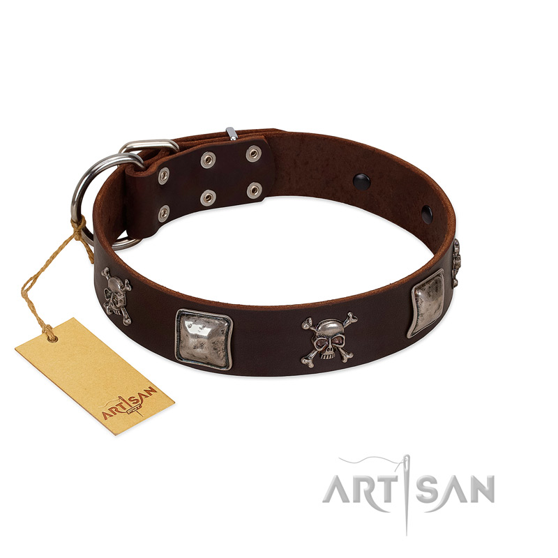"Nut-Brown Finery" Embellished FDT Artisan Brown Leather Bullmastiff Collar with Chrome Plated Crossbones and Plates