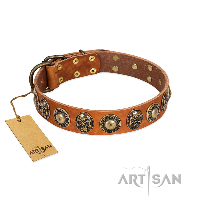 "Golden Epoch" FDT Artisan Tan Leather Bullmastiff Collar with Old Bronze-plated Medallions and Conchos