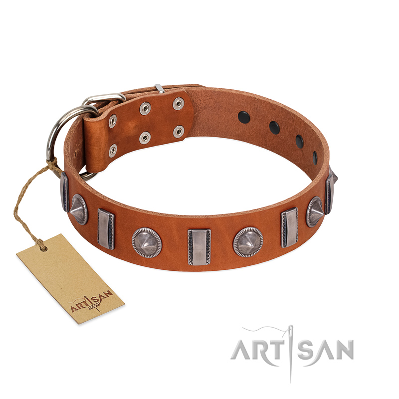 "Luxurious Necklace" FDT Artisan Tan Leather Bullmastiff Collar with Silver-Like Adornments
