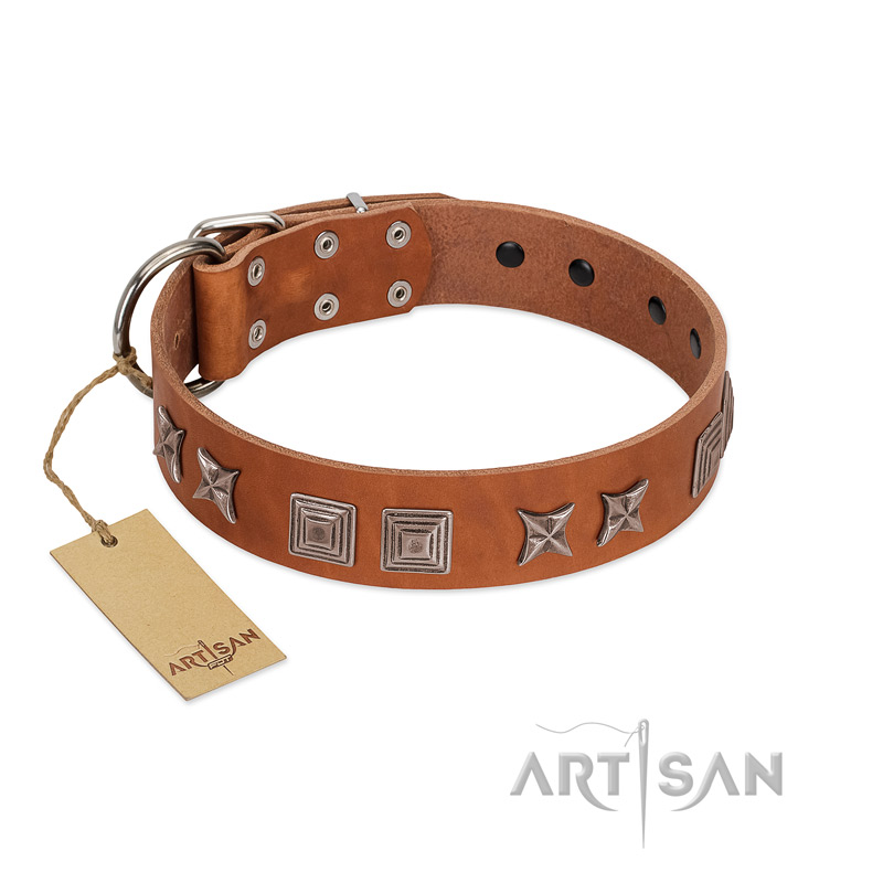 "Antique Figures" FDT Artisan Tan Leather Bullmastiff Collar with Silver-like Engraved Plates