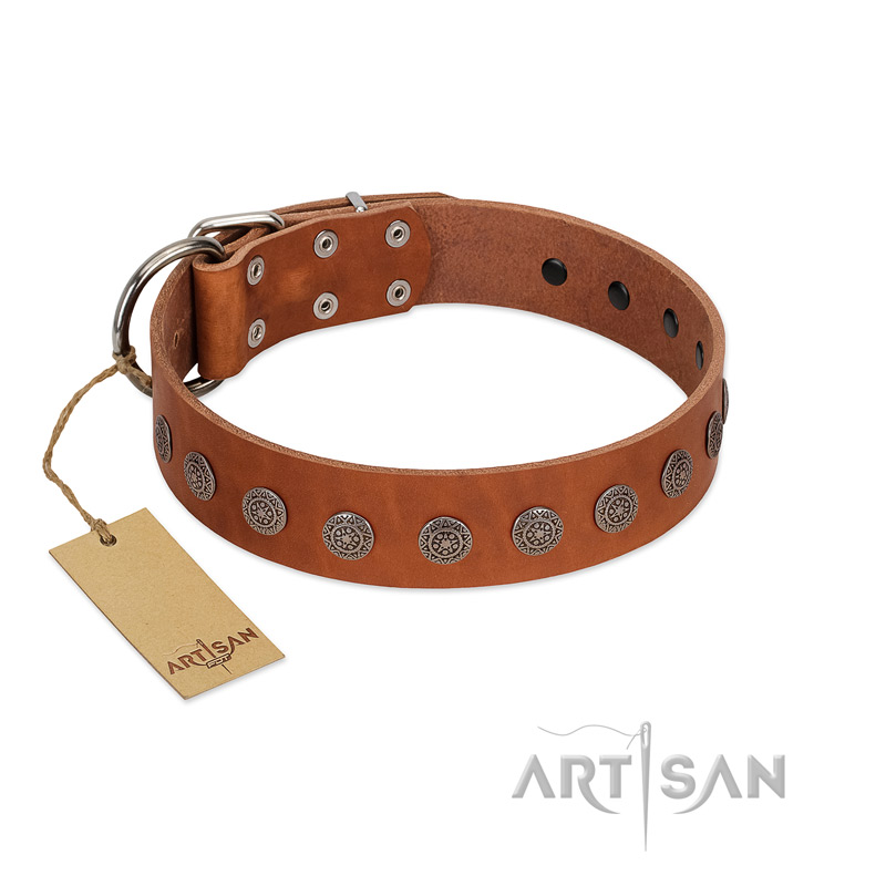 "Lucky Star" Handmade FDT Artisan Designer Tan Leather Bullmastiff Collar with Round Plates