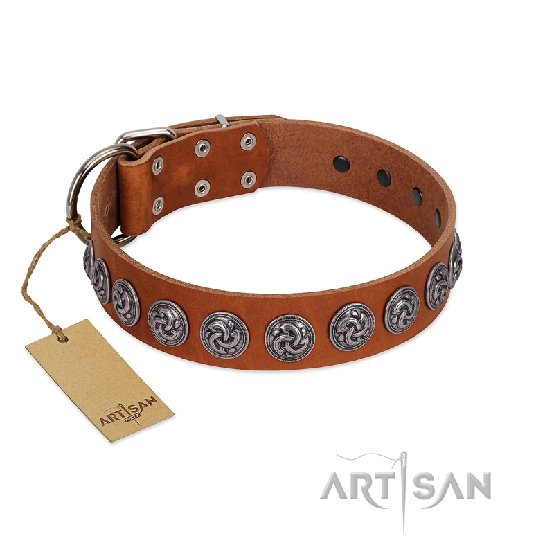"Velvet Kiss" Handmade FDT Artisan Tan Leather Bullmastiff Collar with Vintage Medallions