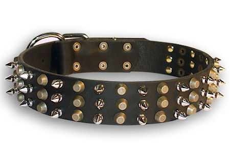 Bullmastiff Leather dog collar with 3spikes+3old brass pyramids
