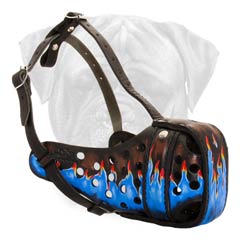 Painted Leather Dog Muzzle for Bullmastiff with Blue Fire